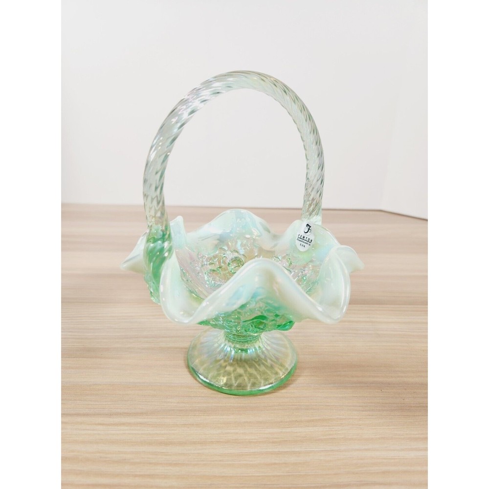 Fenton Green Opalescent Iridescent‎ Ruffled Wavy Roses Floral Basket with Handle